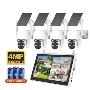 4ch 4.0mp wireless wifi battery ptz kits with 3w solar panel 10.1” LCD cctv battery camera kits