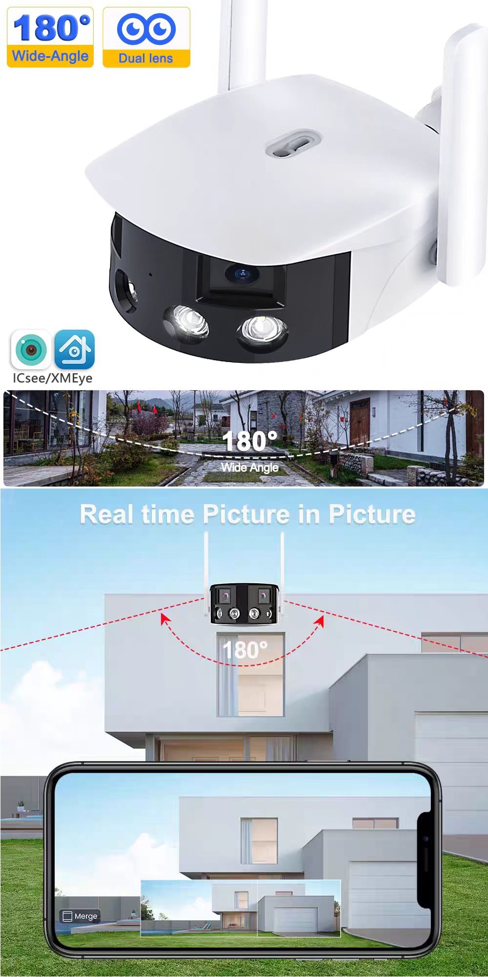 Binocular stitching camera(180 degree dual lens wifi camera)