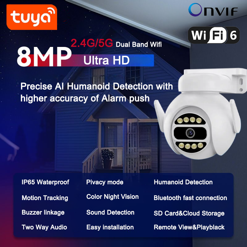 Latest Tuya 8MP Outdoor 2.4G&5G Dual Band Wifi PTZ Camera